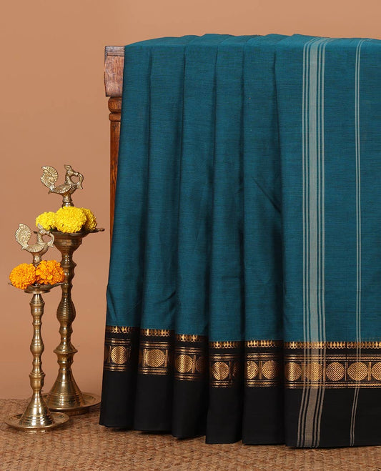 Blue plain Chettinad cotton saree, contrast zari traditional border of thilakam mokku & rudraksham design & striped pallu