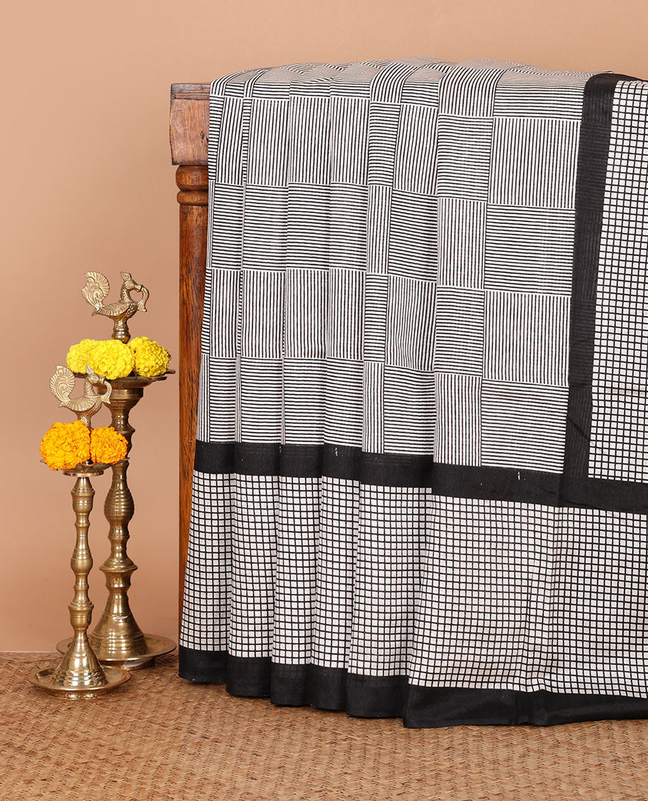 White and black artisans handblock printed jute cotton saree, micro-checked printed border & pallu, plain black blouse