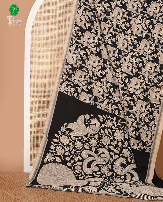Black kalamkari floral & peacock printed jute cotton saree,contrast border,kalamkari floral & peacock print pallu & plain black blouse