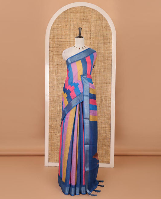 Blue-base colorful vertical stripes printed linen cotton saree, silver zari bavanji border, ice cream motifs printed pallu & contrast printed blouse
