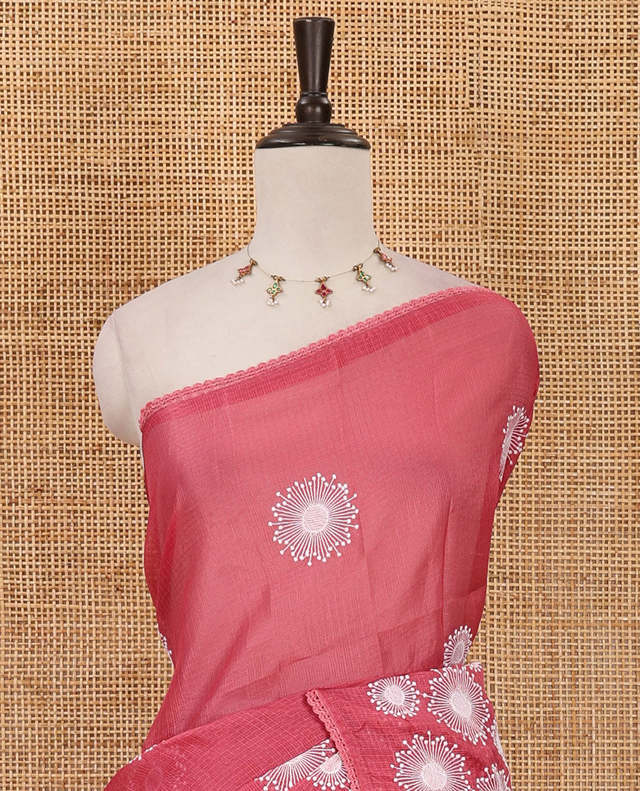 Pink star flower motifs chikankari-style embroidered kota check saree, lace border & matching checked blouse