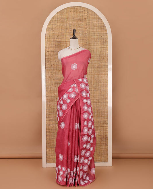 Pink star flower motifs chikankari-style embroidered kota check saree, lace border & matching checked blouse