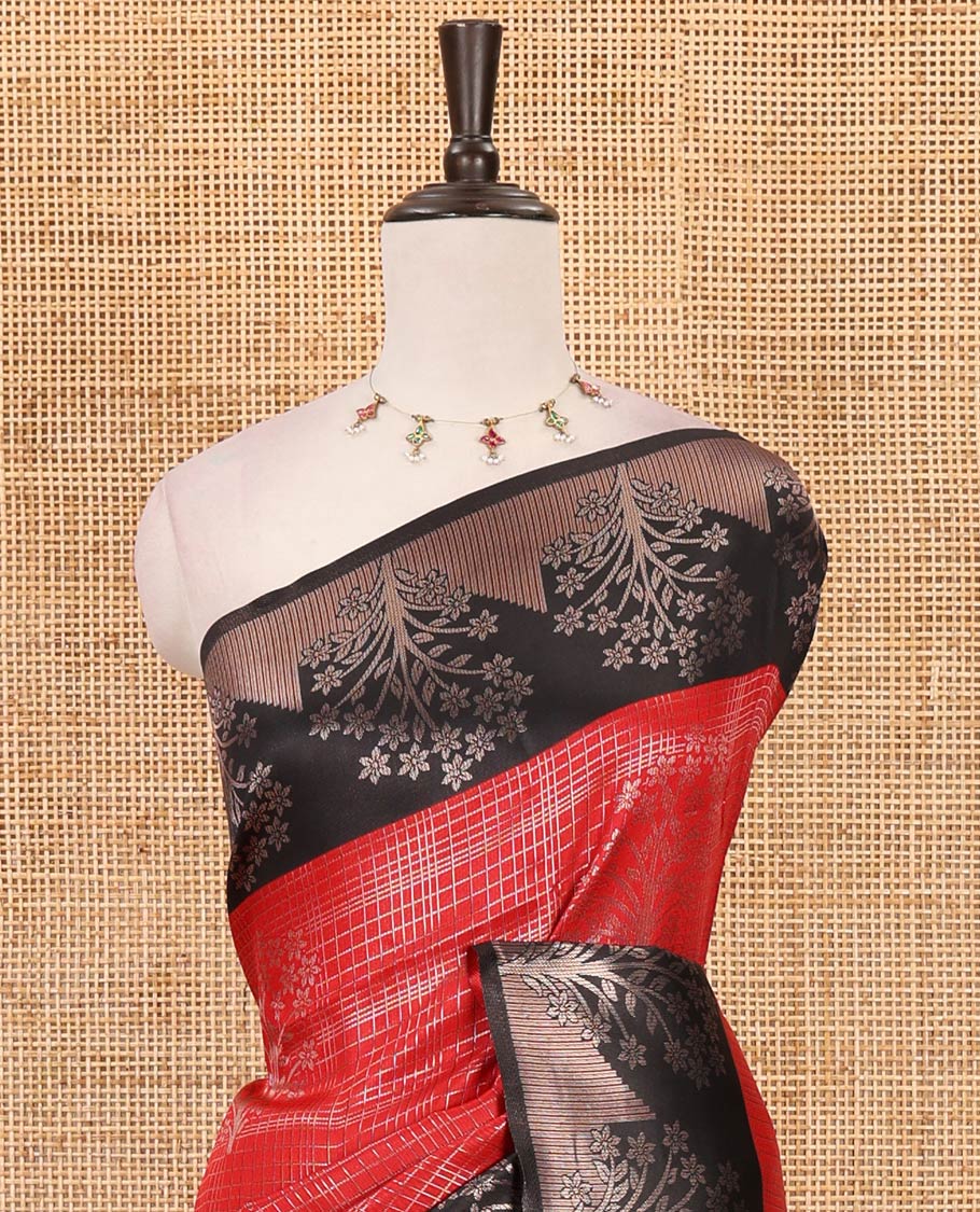 Red zari checked & floral buttas kanchi silk saree,contrast satin border of floral zari motifs,intrictae pallu & contrast plain blouse