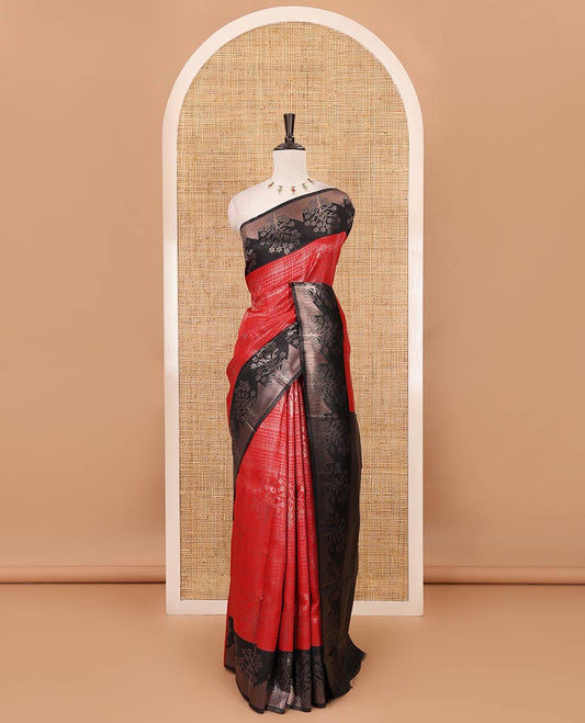 Red zari checked & floral buttas kanchi silk saree,contrast satin border of floral zari motifs,intrictae pallu & contrast plain blouse