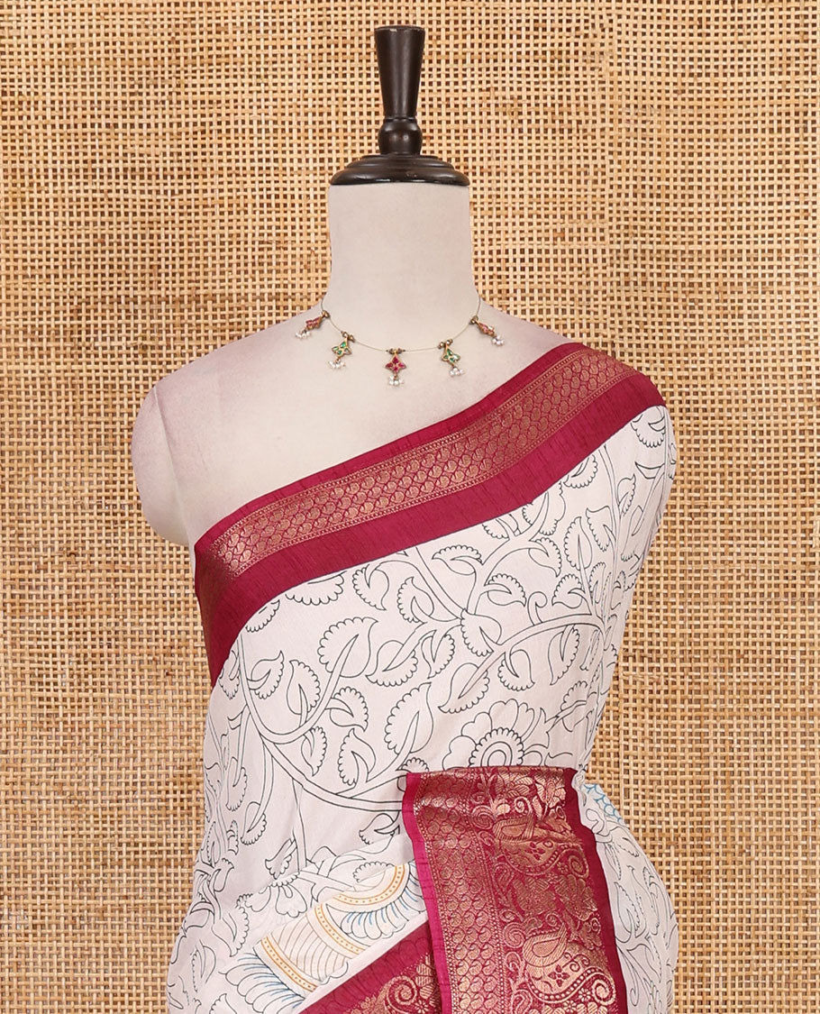 Cream kalamkari floral vine & peacock printed dola silk saree, contrast kanchipuram traditional zari purple border & colorful kalamkari printed pallu