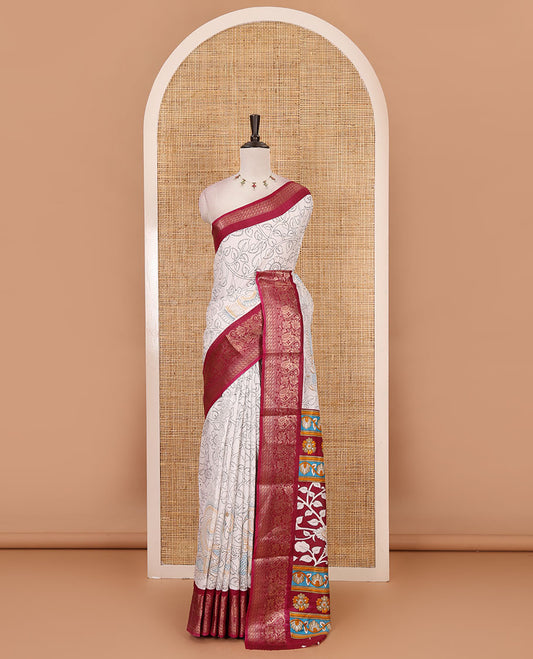 Cream kalamkari floral vine & peacock printed dola silk saree, contrast kanchipuram traditional zari purple border & colorful kalamkari printed pallu