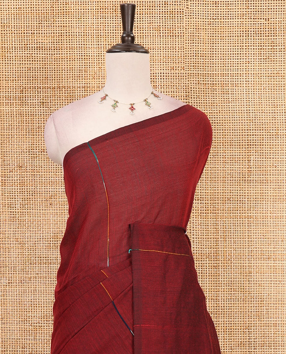 Borderless maroon vertical multi-color thread striped khadi jute linen saree, striped pallu & matching plain blouse