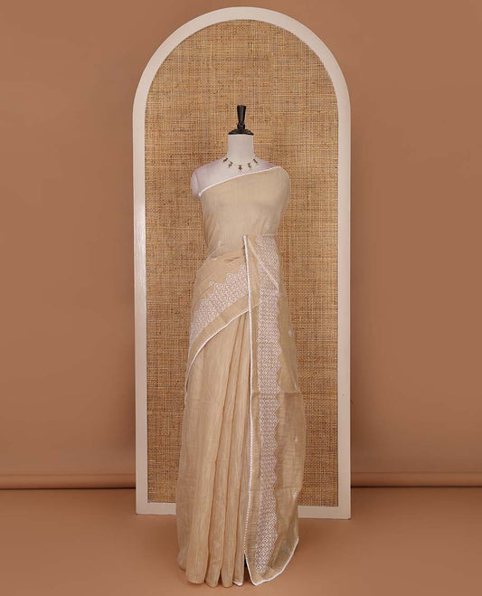 Sandal diamond patterns white resham thread embroidered mercerised cotton saree, lace border, and matching plain blouse