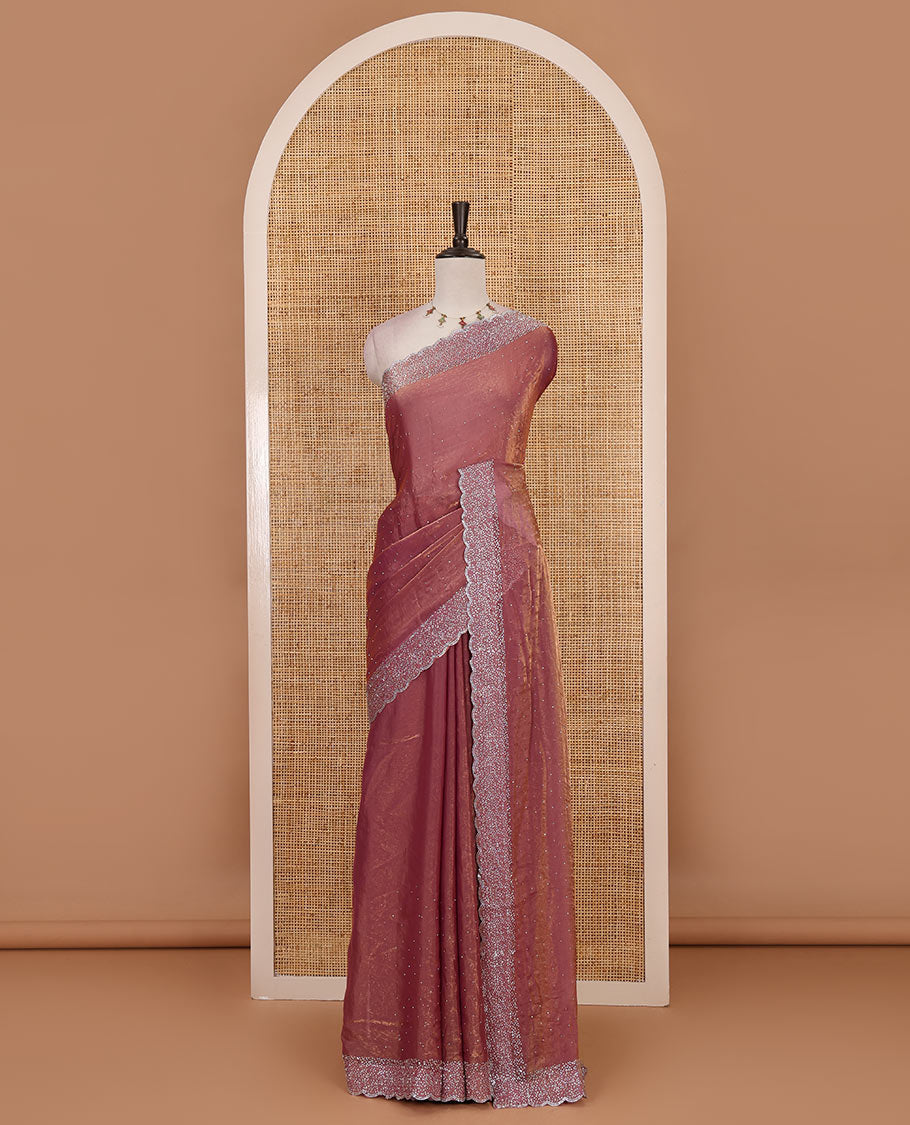 Lavender Swarovski crystal stone embedded fendy chiffon saree, scallop Swarovski stone embroidered border, and contrast plain blouse