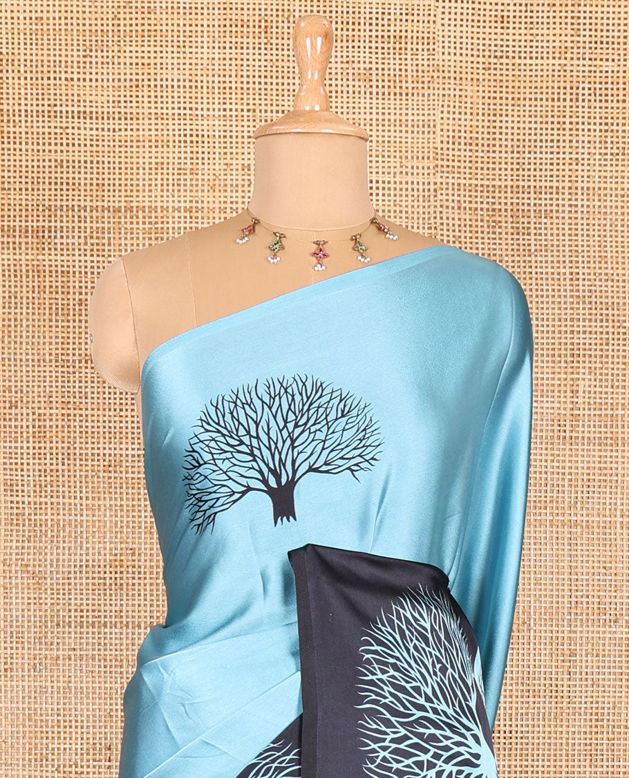 Blue tree motifs digitally printed Gajji silk saree with contrast printed border of upside down tree motifs, and contrast printed blouse