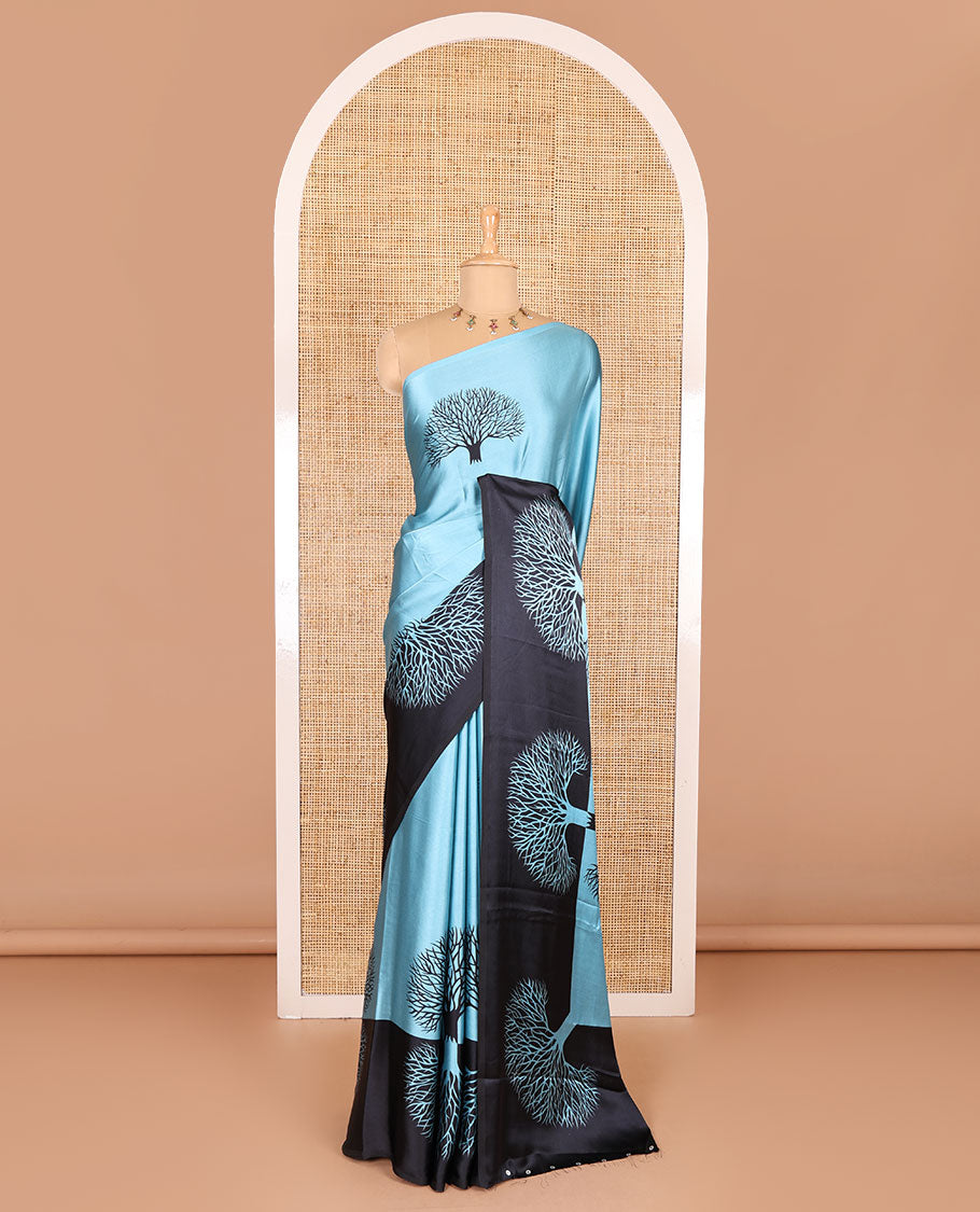 Blue tree motifs digitally printed Gajji silk saree with contrast printed border of upside down tree motifs, and contrast printed blouse