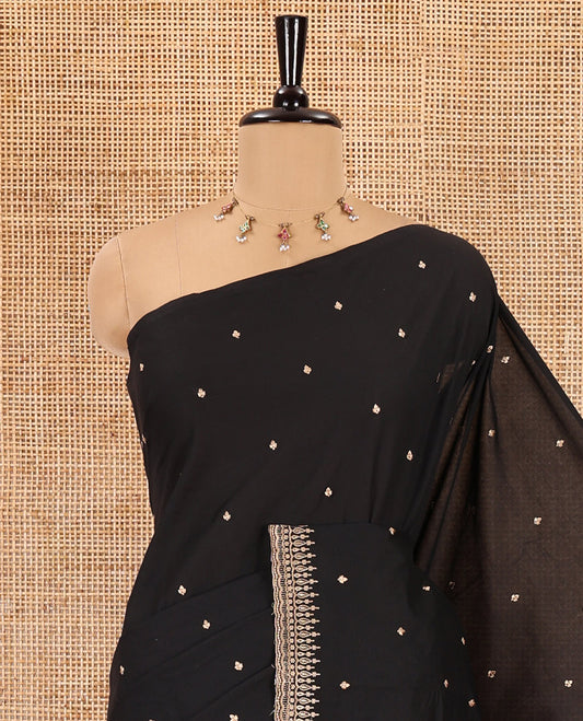 Black small motifs thread embroidered South cotton saree, thread embroidered border, thread embroidered pallu, and a plain matching blouse