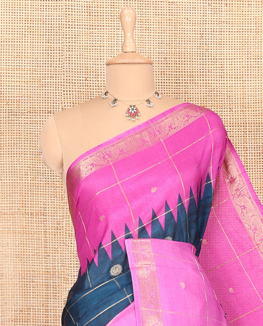 Blue and pink zari butta enclosed checked dola silk saree, contrast temple traditional motifs border, paisley motifs printed pallu, and a contrast butta enclosed checked blouse