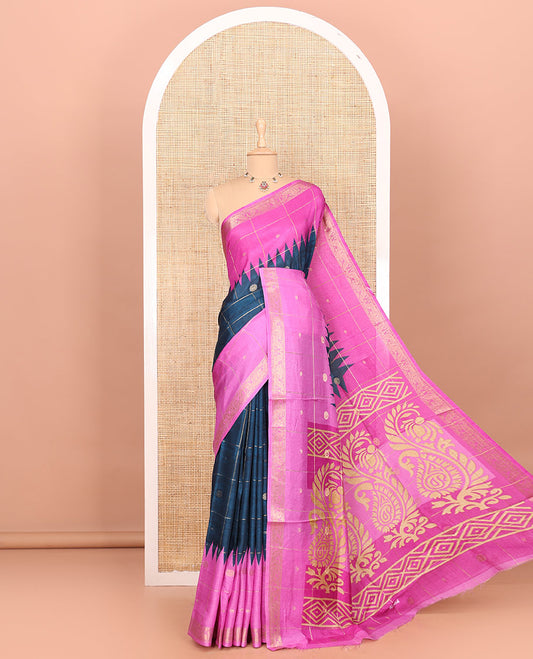 Blue and pink zari butta enclosed checked dola silk saree, contrast temple traditional motifs border, paisley motifs printed pallu, and a contrast butta enclosed checked blouse