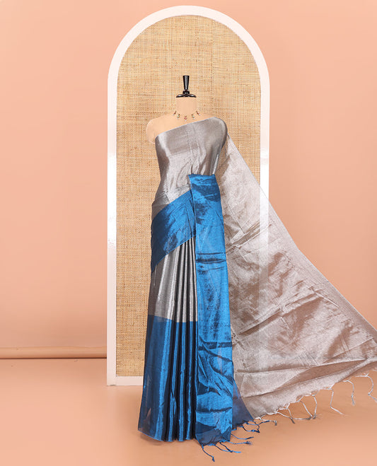 Silver and blue half-and-half plain khadi tissue saree with a self-pallu and a matching blouse