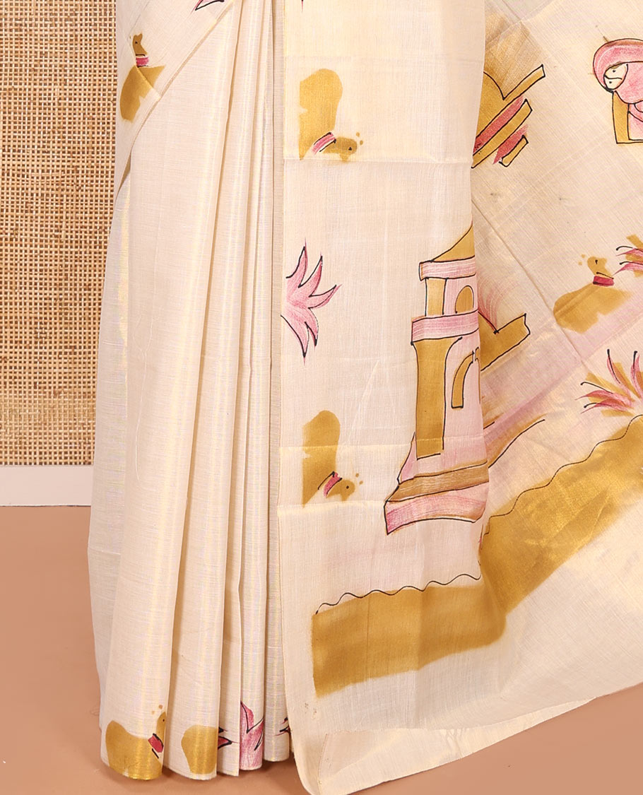 Gold-Mustard Kerala Cotton Saree Subtly Sparked with Handblock-Printed Flora-Fauna-Architecture Motifs, Featuring a Self Pallu with Matching Flora-Fauna-Architecture Handblock Prints, Paired with a Matching Plain Blouse.