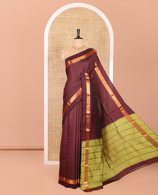 Maroon Semi-Soft Silk Saree Decked Up with Plus-Shaped Buttas All Over the Body, Highlighted with Zari Border, Complemented by Contrast Pallu of Zari Stripes, and Paired with a Contrast Blouse