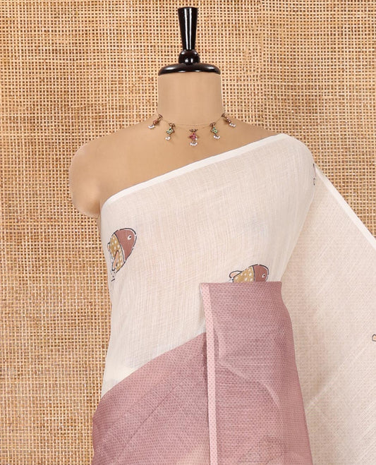 Borderless Cream and Light Brown Linen Cotton Saree, Ornamented with Half-and-Half Style Fish Motifs Printed All Over Its Body, Pallu Mirrors the Same Print, and Is Paired with a Contrast Blouse