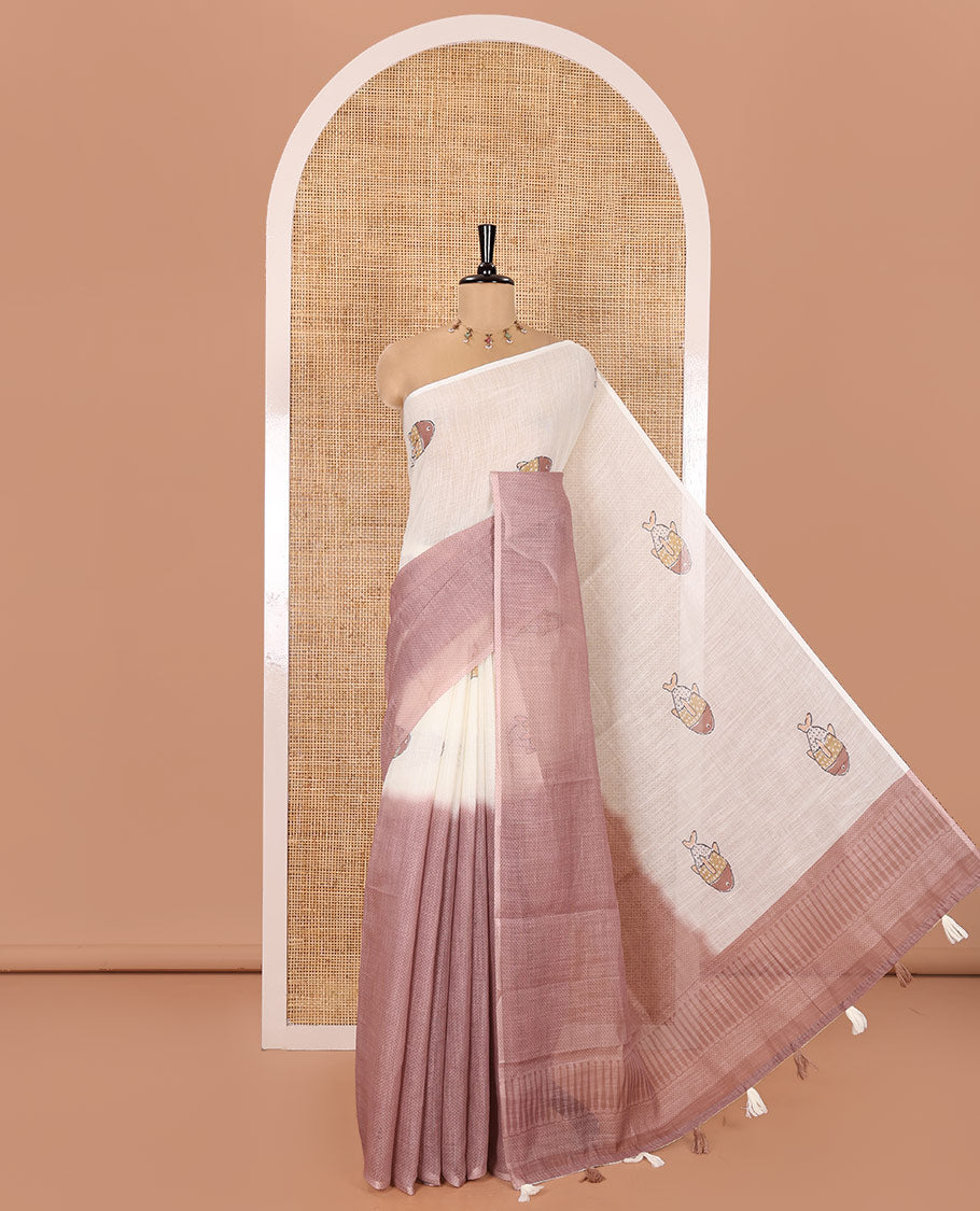 Borderless Cream and Light Brown Linen Cotton Saree, Ornamented with Half-and-Half Style Fish Motifs Printed All Over Its Body, Pallu Mirrors the Same Print, and Is Paired with a Contrast Blouse
