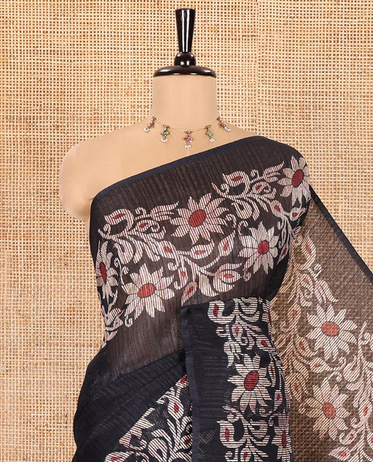 Navy Blue Plain Green-Silk Linen Cotton Saree, Highlighted by Jamdani-Style Floral Vine Printed Border, Pallu of Jamdani Floral Print, and Paired with a Matching Printed Blouse
