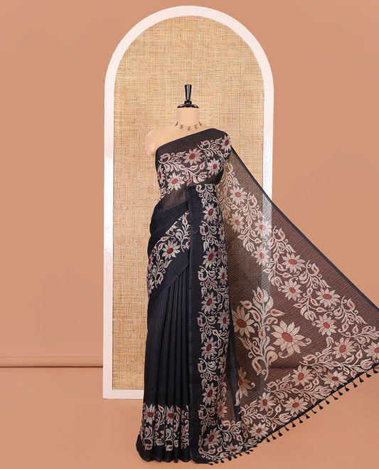 Navy Blue Plain Green-Silk Linen Cotton Saree, Highlighted by Jamdani-Style Floral Vine Printed Border, Pallu of Jamdani Floral Print, and Paired with a Matching Printed Blouse