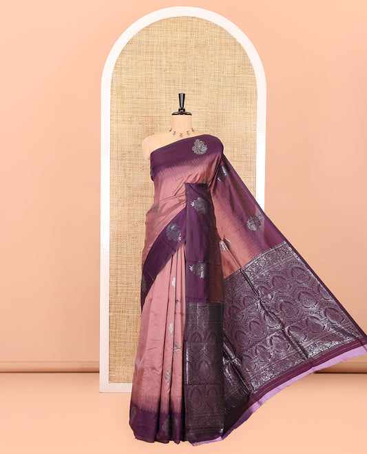 Onion Pink Kanchi Silk Saree, Adorned with Zari Buttas All Over Its Body, Complemented by a Contrast Border of Unique Buttas, Pallu Grandly Woven with Intricate Designs, and Paired with a Contrast Blouse