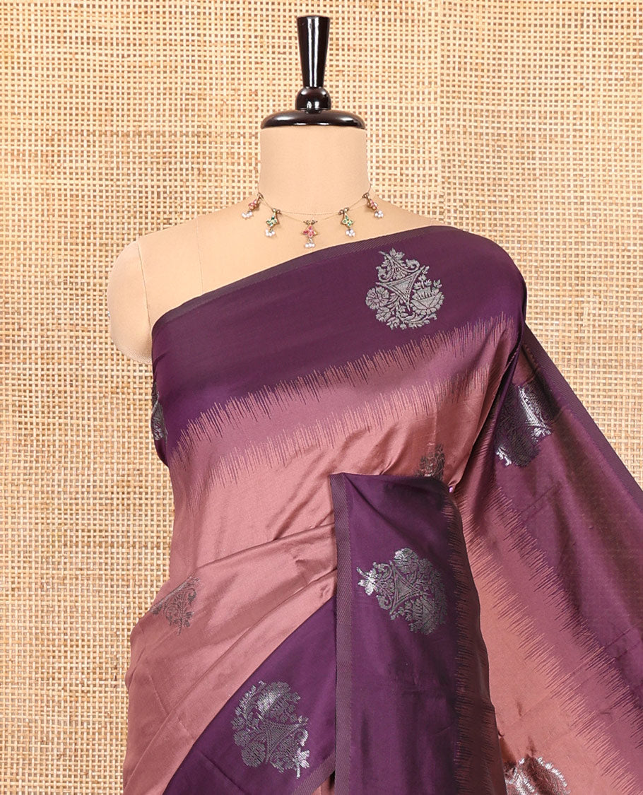 Onion Pink Kanchi Silk Saree, Adorned with Zari Buttas All Over Its Body, Complemented by a Contrast Border of Unique Buttas, Pallu Grandly Woven with Intricate Designs, and Paired with a Contrast Blouse