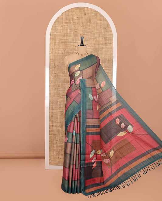 Multi-Color Tissue Saree, Detailed with Geometric Patterns and Leaf Motifs Printed on Its Body, Complemented by a Contrast Plain Border, Pallu of the Same Print, and Paired with a Contrast Blouse