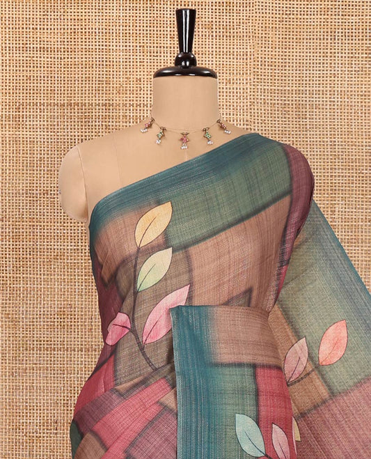Multi-Color Tissue Saree, Detailed with Geometric Patterns and Leaf Motifs Printed on Its Body, Complemented by a Contrast Plain Border, Pallu of the Same Print, and Paired with a Contrast Blouse