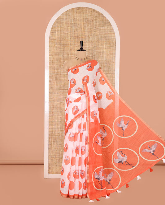 White-Orange Linen Cotton Saree, Steeped with Polka Dot Enclosed Crane Motifs on Its Body, Subtle Piping Border, Pallu Pictures Polka Dot Enclosed Crane Motifs, and Paired with a Matching Blouse