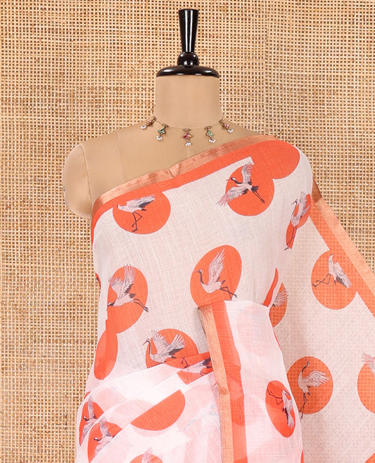 White-Orange Linen Cotton Saree, Steeped with Polka Dot Enclosed Crane Motifs on Its Body, Subtle Piping Border, Pallu Pictures Polka Dot Enclosed Crane Motifs, and Paired with a Matching Blouse