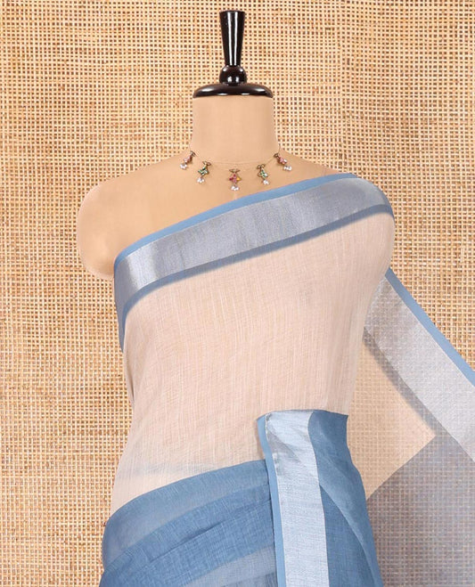 Blue Linen Cotton Saree, Ornamented with Ombre-Style Double-Color Print, Highlighted by Contrast Zari Bavanji Border, Pallu Pictures Bandhani Design, and Paired with a Contrast Bandhani Blouse
