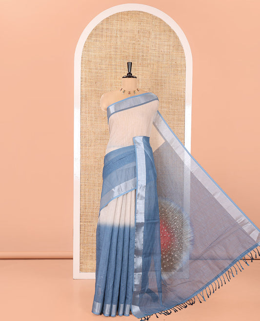 Blue Linen Cotton Saree, Ornamented with Ombre-Style Double-Color Print, Highlighted by Contrast Zari Bavanji Border, Pallu Pictures Bandhani Design, and Paired with a Contrast Bandhani Blouse