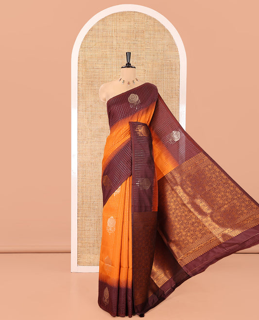 Rust Orange Kanchi Soft Silk Saree, Enriched with Vaira Oosi Stripes, and Zari Buttas All Over Its Body,  Complemented by a Contrast Zari Design Border, an Intricately Designed Pallu, and Paired with a Contrast Blouse