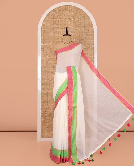 Cream Plain Khadi Mul Cotton Saree, Complemented by Contrast Pink and Green Border, a Self-Pallu, and Has No Blouse