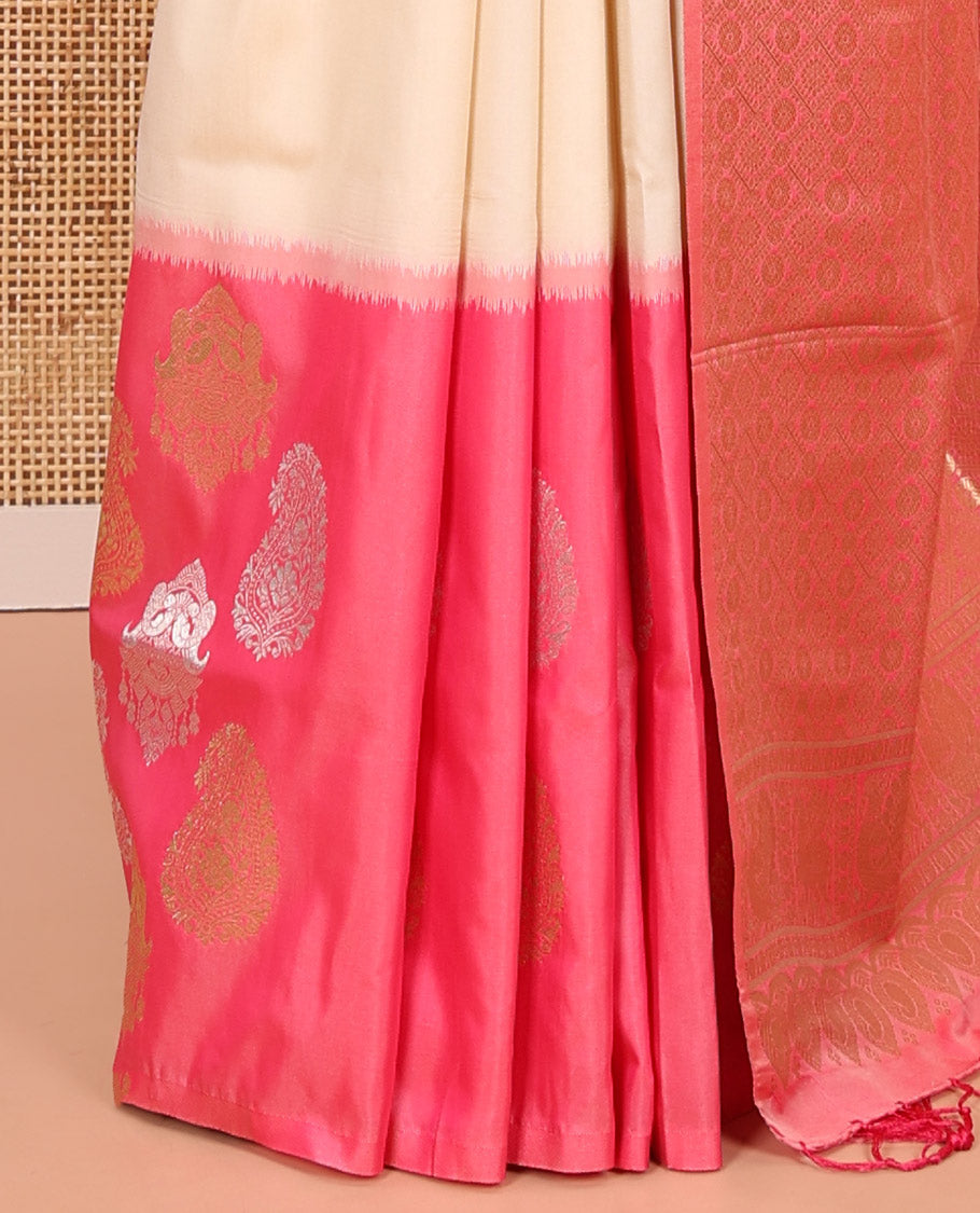 Cream Elite Soft Silk Saree, Adorned with Zari Buttas, Contrast Intricate Border, Jaal Pallu, and a Contrast Blouse