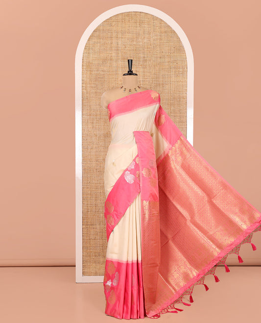 Cream Elite Soft Silk Saree, Adorned with Zari Buttas, Contrast Intricate Border, Jaal Pallu, and a Contrast Blouse