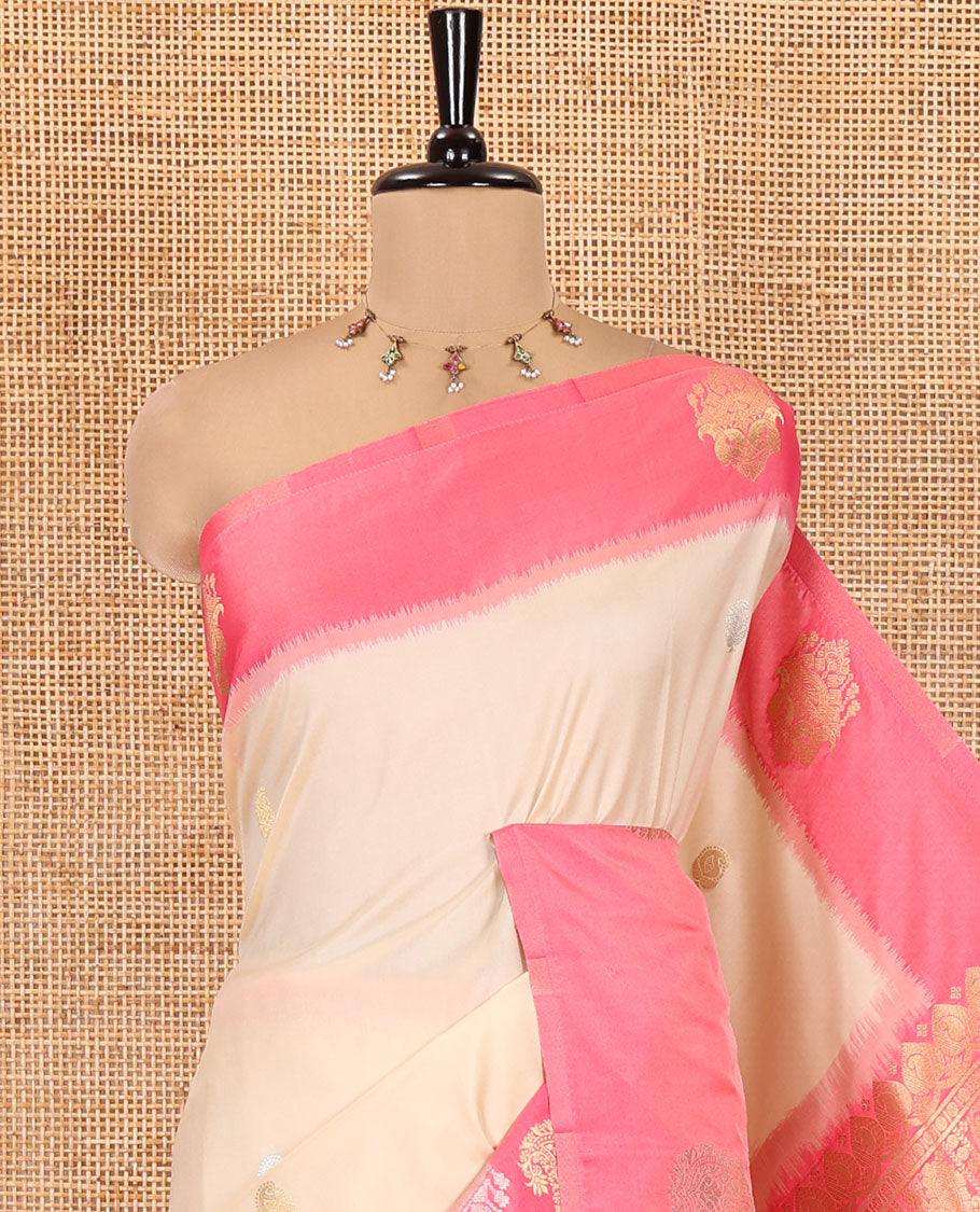 Cream Elite Soft Silk Saree, Adorned with Zari Buttas, Contrast Intricate Border, Jaal Pallu, and a Contrast Blouse