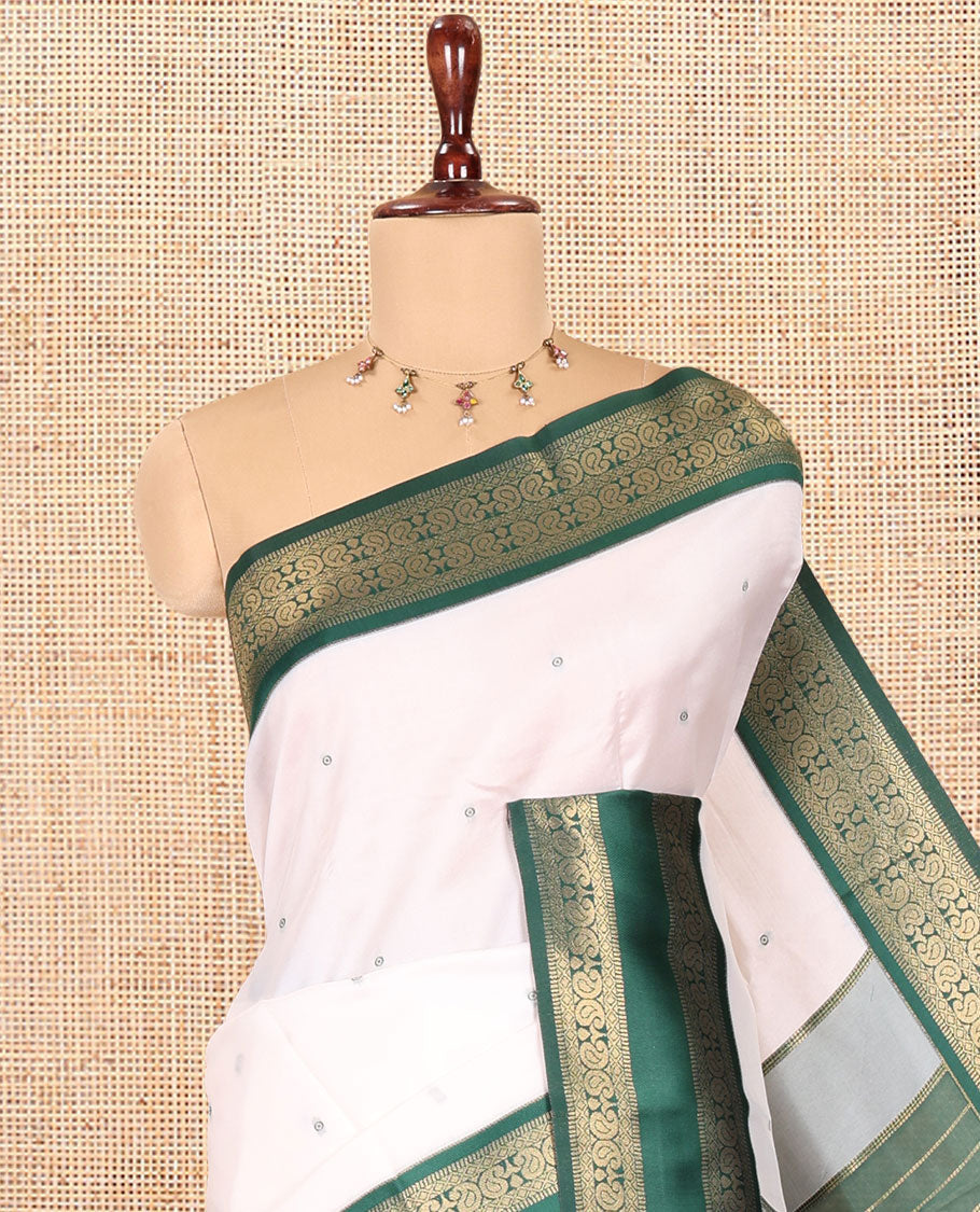 Cream-Green Elite Soft Silk Saree, Adorned with Buttas, Contrast Traditional Rettai Pettu Border, Striped Pallu, and Contrast Blouse