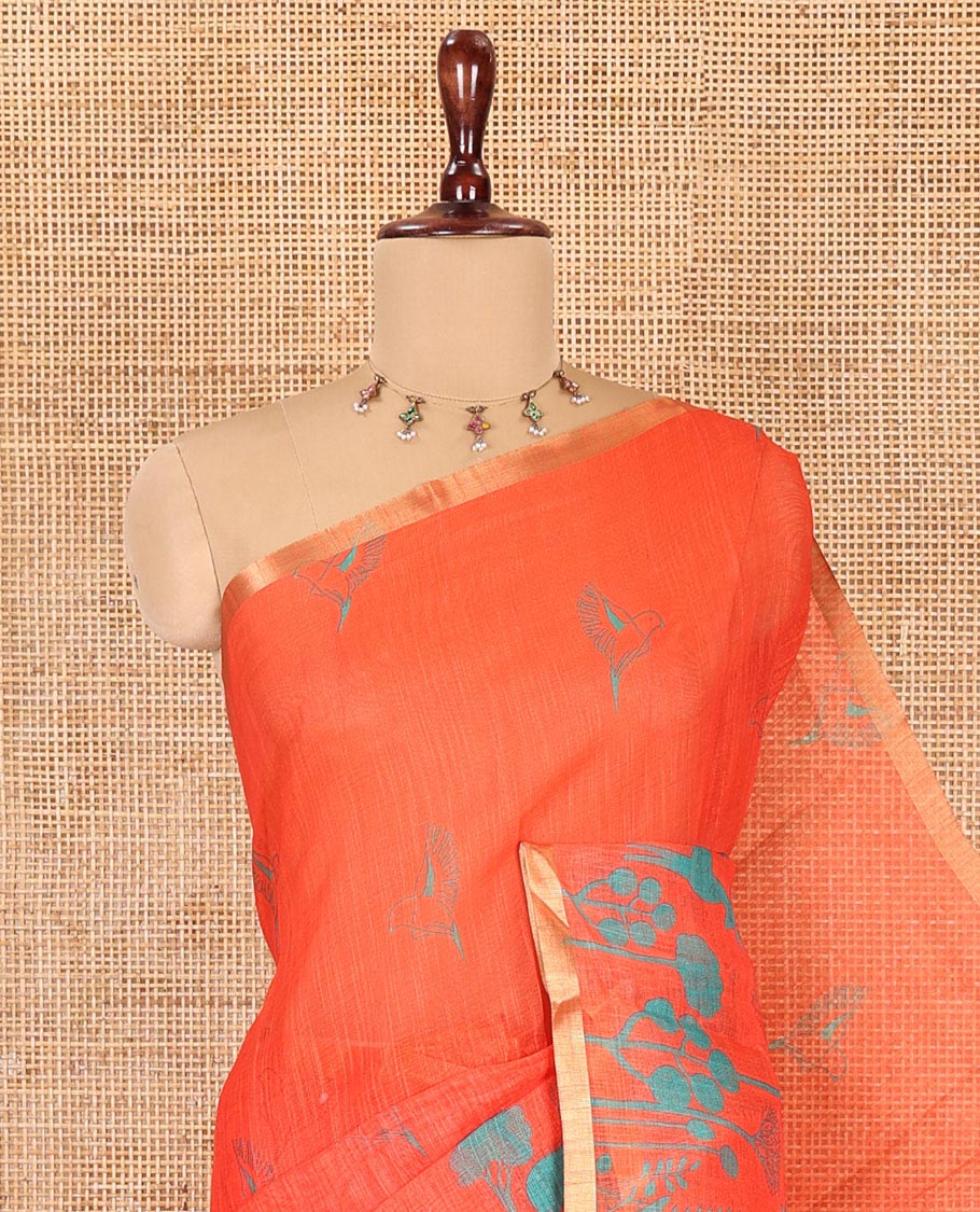 Orange Linen Cotton Saree, Accentuated with Flora-Fauna Print, a Piping Border, Printed Pallu and a Contrast Blouse