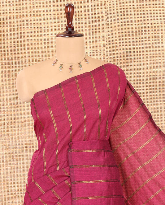 Borderless Magenta Khadi Cotton Saree Features Double Stripes, a Self-Pallu of Tassels, and a Matching Blouse