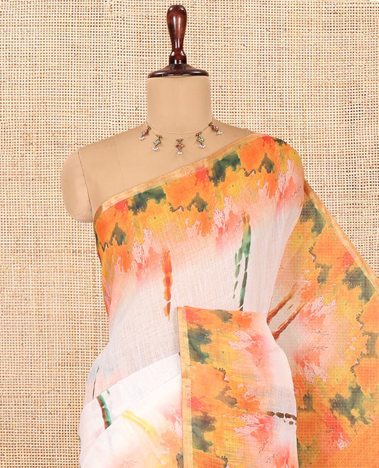 White-Orange Linen Cotton Saree Features Watercolor Painting-style Shibori Print, Contrast Printed Border, Printed Pallu, and a Contrast Blouse