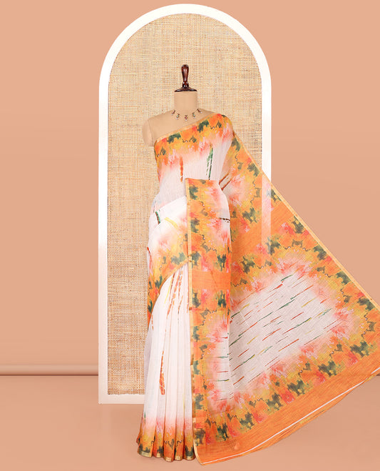 White-Orange Linen Cotton Saree Features Watercolor Painting-style Shibori Print, Contrast Printed Border, Printed Pallu, and a Contrast Blouse