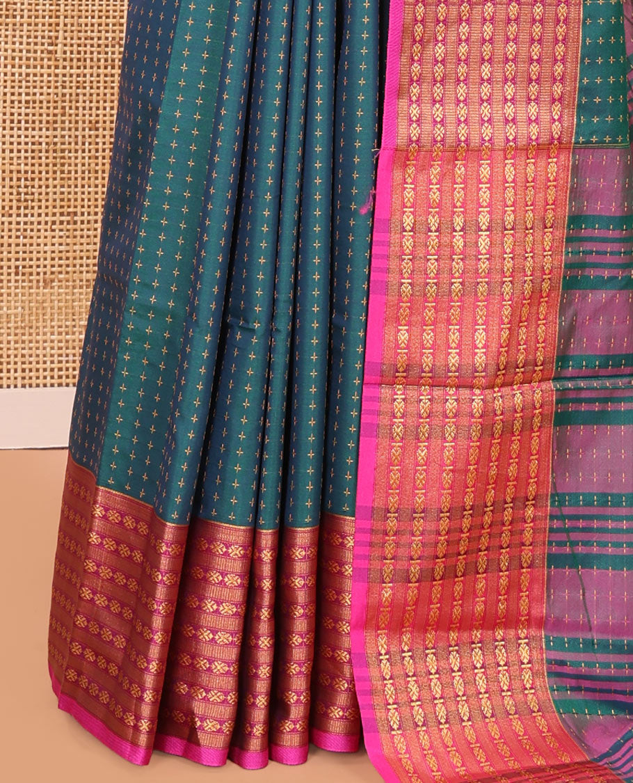 Peacock Green Semi-Soft Silk Saree, Adorned with Plus-Shaped Buttas, Complemented by a Contrast Border, Striped Pallu, and a Contrast Blouse