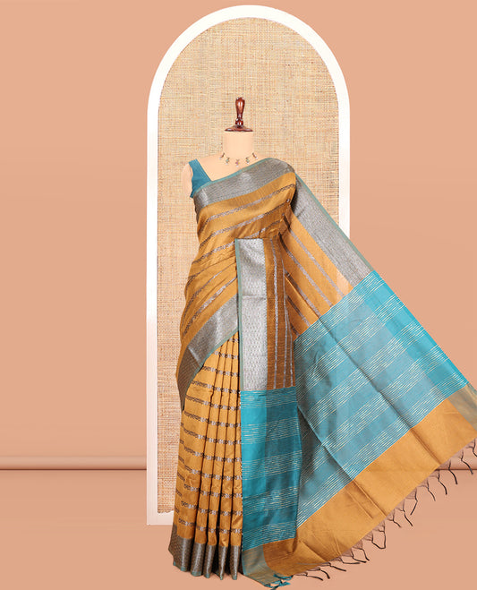 Mustard Zari-Striped Semi-Raw Silk Saree with a Contrast Zari Border, Intricate Pallu, and Contrast Blouse
