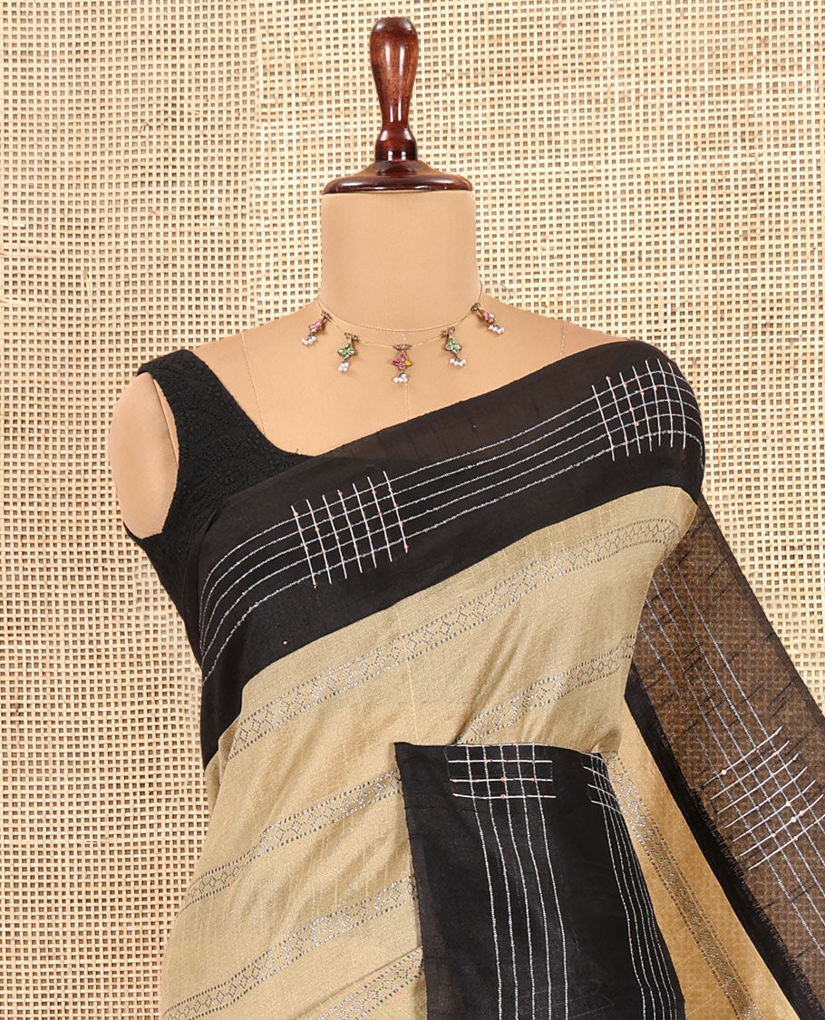 Chikku Zari Design Semi-Raw Silk Saree, a Contrast Checked Design Border, a Contrast Pallu, and a Contrast Blouse