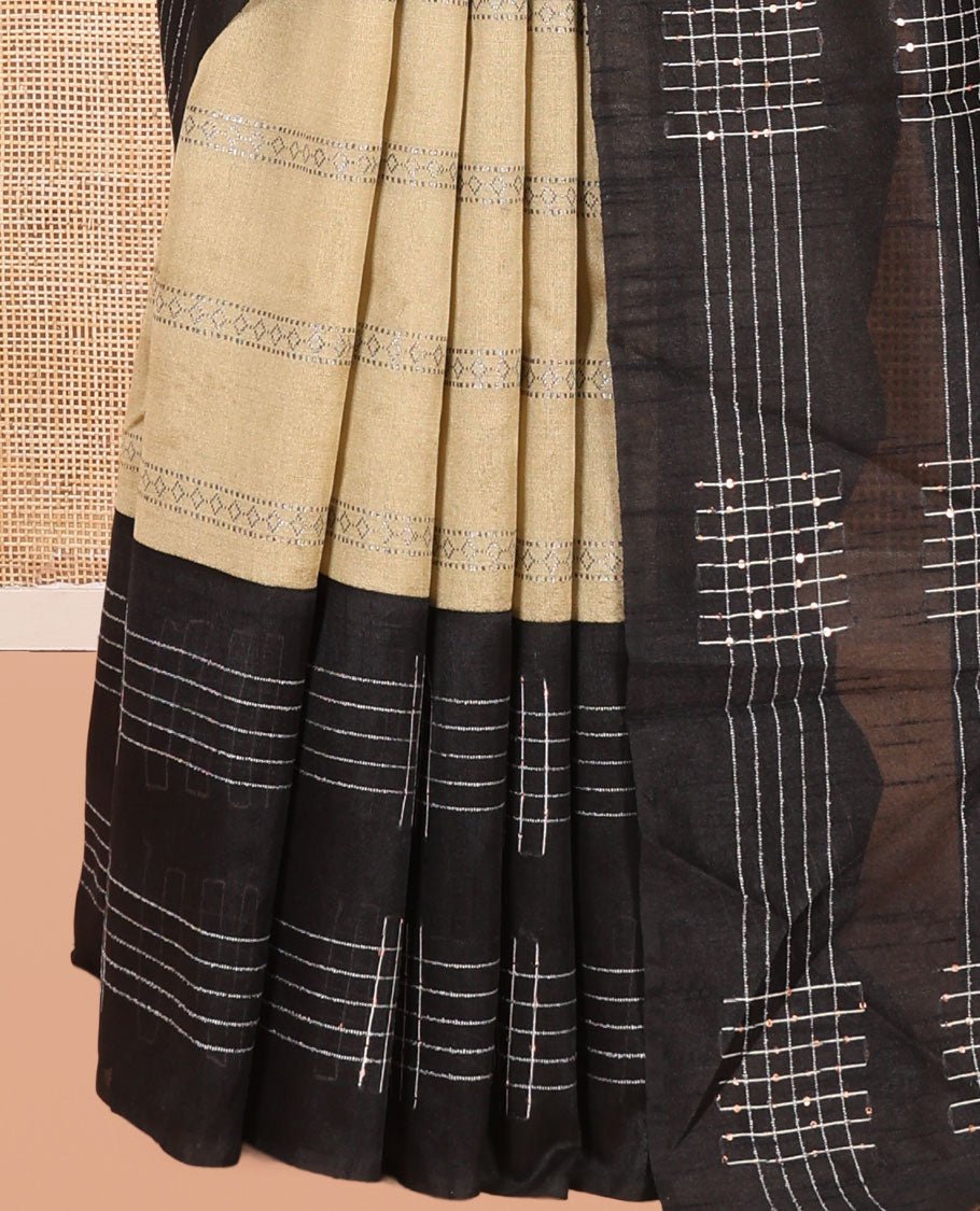 Chikku Zari Design Semi-Raw Silk Saree, a Contrast Checked Design Border, a Contrast Pallu, and a Contrast Blouse