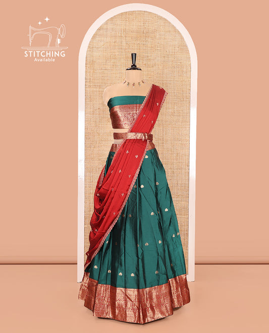 Dark Green and Red Semi-Banarasi Half-Saree, Adorned with Zari Buttas on Its Skirt, Complemented by a Contrast Traditional Zari Design Woven Border, Paired with a Matching Blouse, and a Contrast Satin Georgette Embroidered Scallop Dhavani