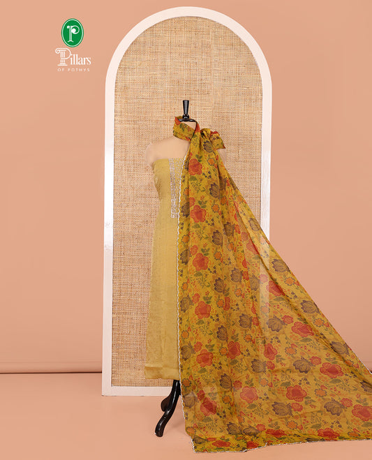 Yellow Moss Organza Material Chudidar Set, Finely Crafted with Stonework Top, a Plain Bottom, and Floral Printed Scallop-Stonework Bordered Dupatta