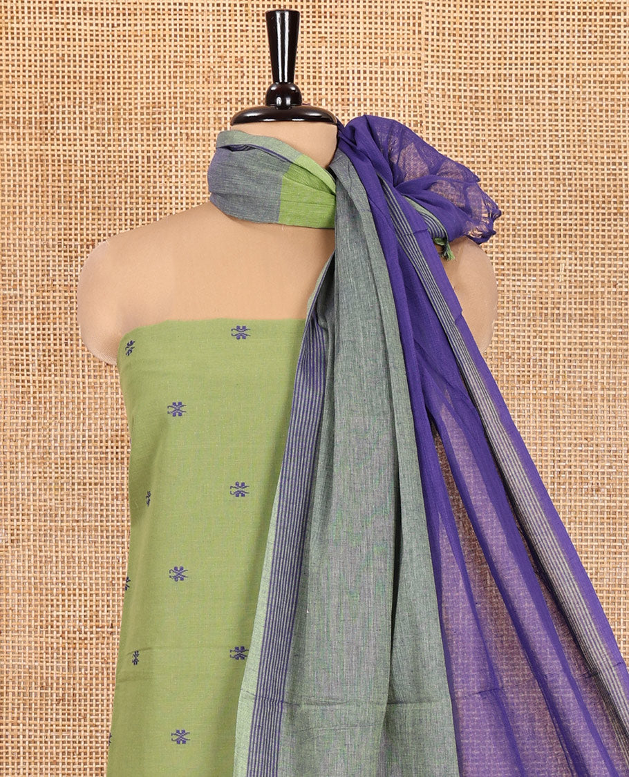 Green Handloom Cotton Material Chudidar, Buttas Woven Top, a Plain Bottom, and Contrast Dupatta